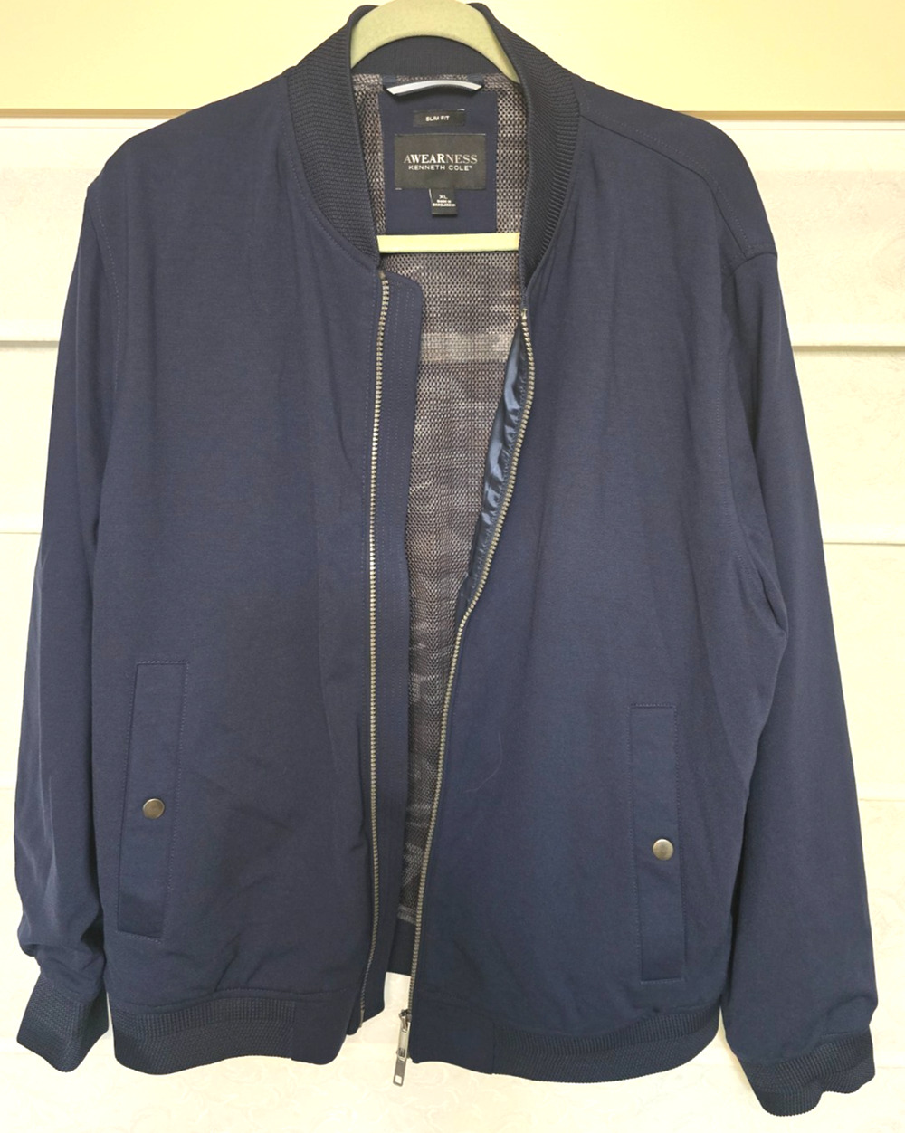 Kenneth Cole Awearness Bomber Jacket Mens XL Navy Slim Fit Mesh Lined Full Zip